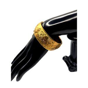 Engraved Gold Tone Cuff Bracelet Vintage with Safety Floral Etched Push clasp